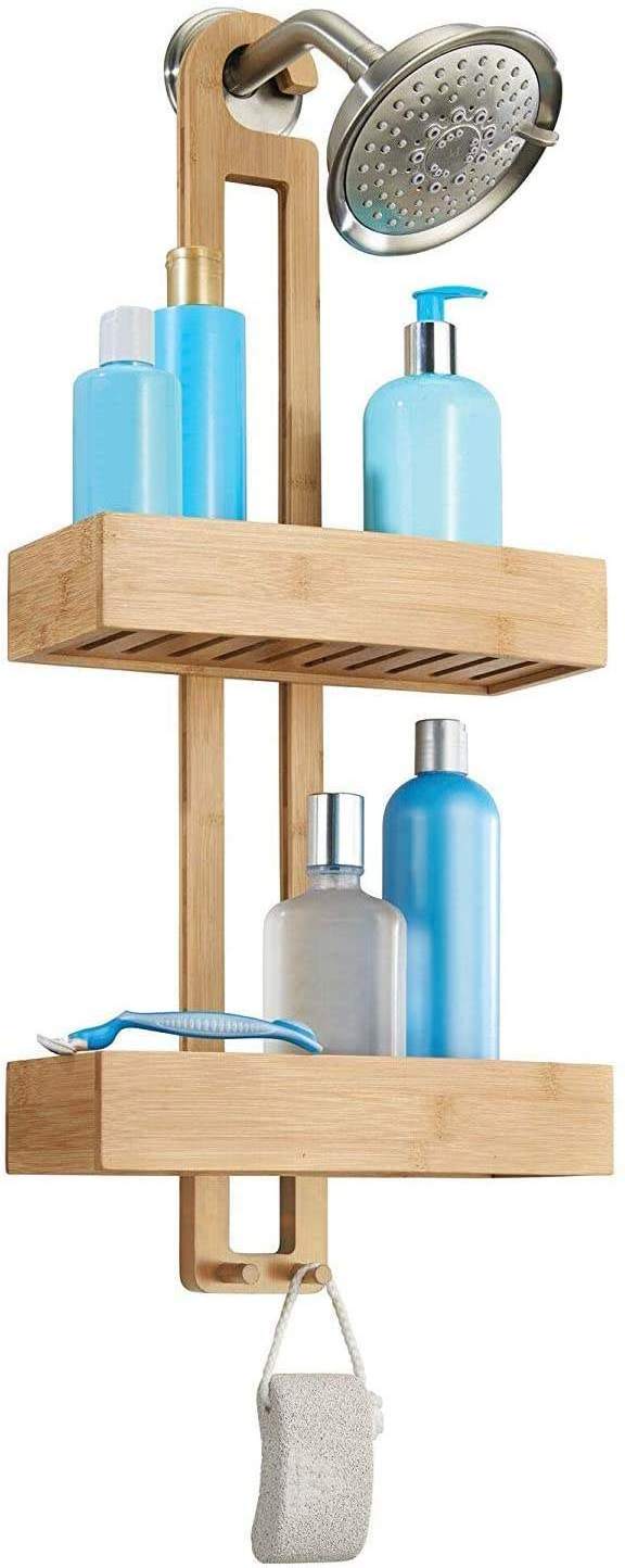 kitchen wall shower holder wall mounted storage organizer rack Bamboo Wood Shower Caddy Bathroom Corner Shelf