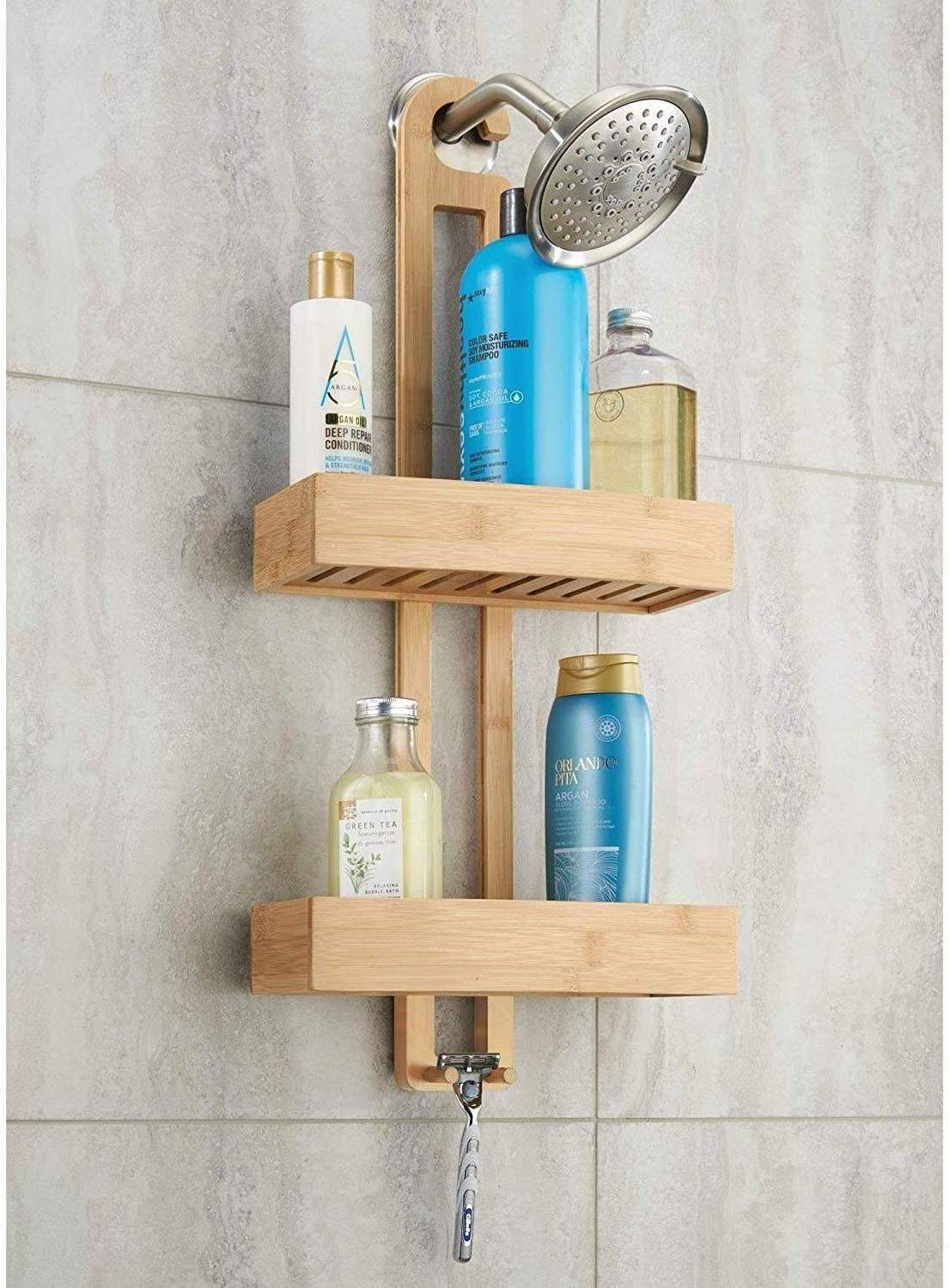 kitchen wall shower holder wall mounted storage organizer rack Bamboo Wood Shower Caddy Bathroom Corner Shelf