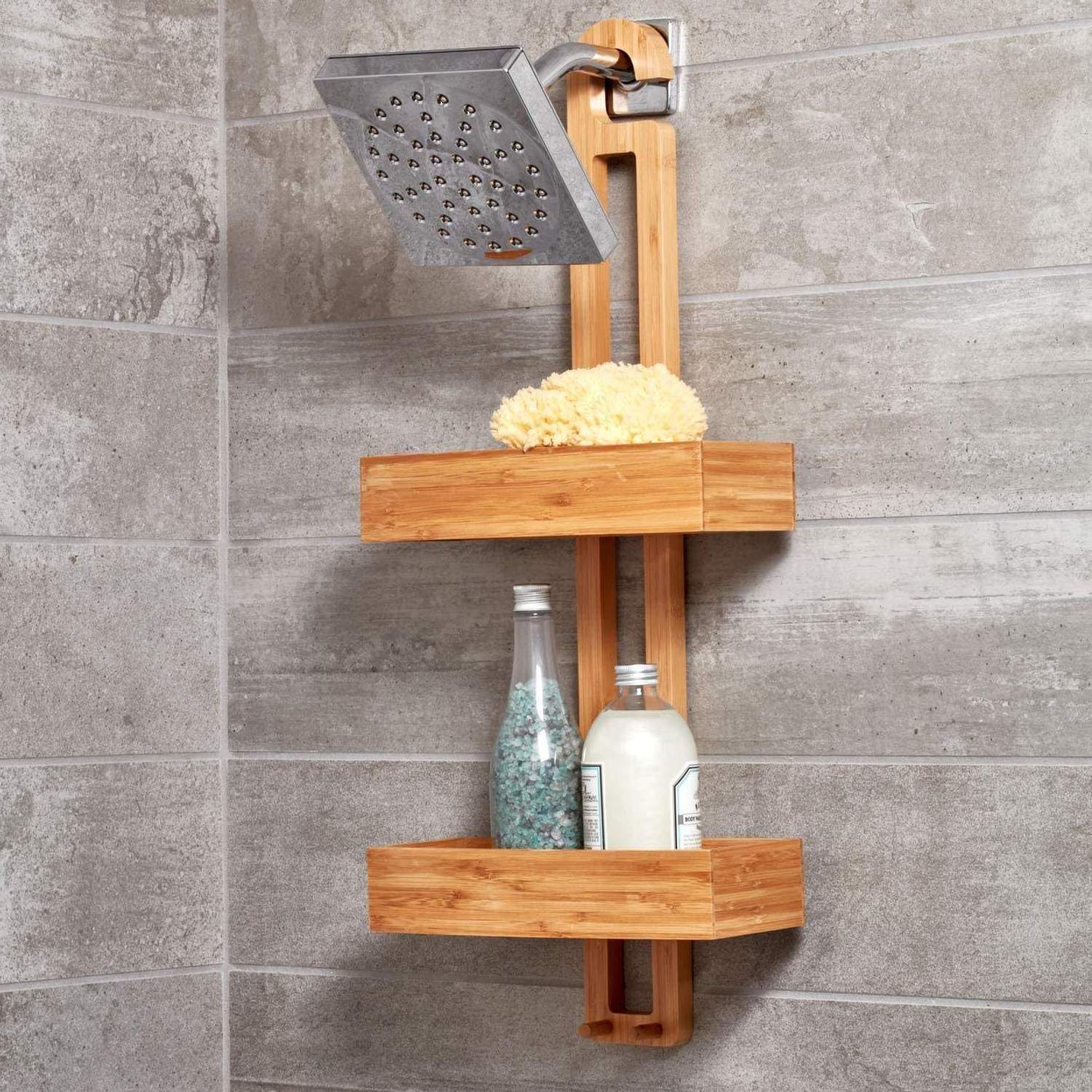 kitchen wall shower holder wall mounted storage organizer rack Bamboo Wood Shower Caddy Bathroom Corner Shelf