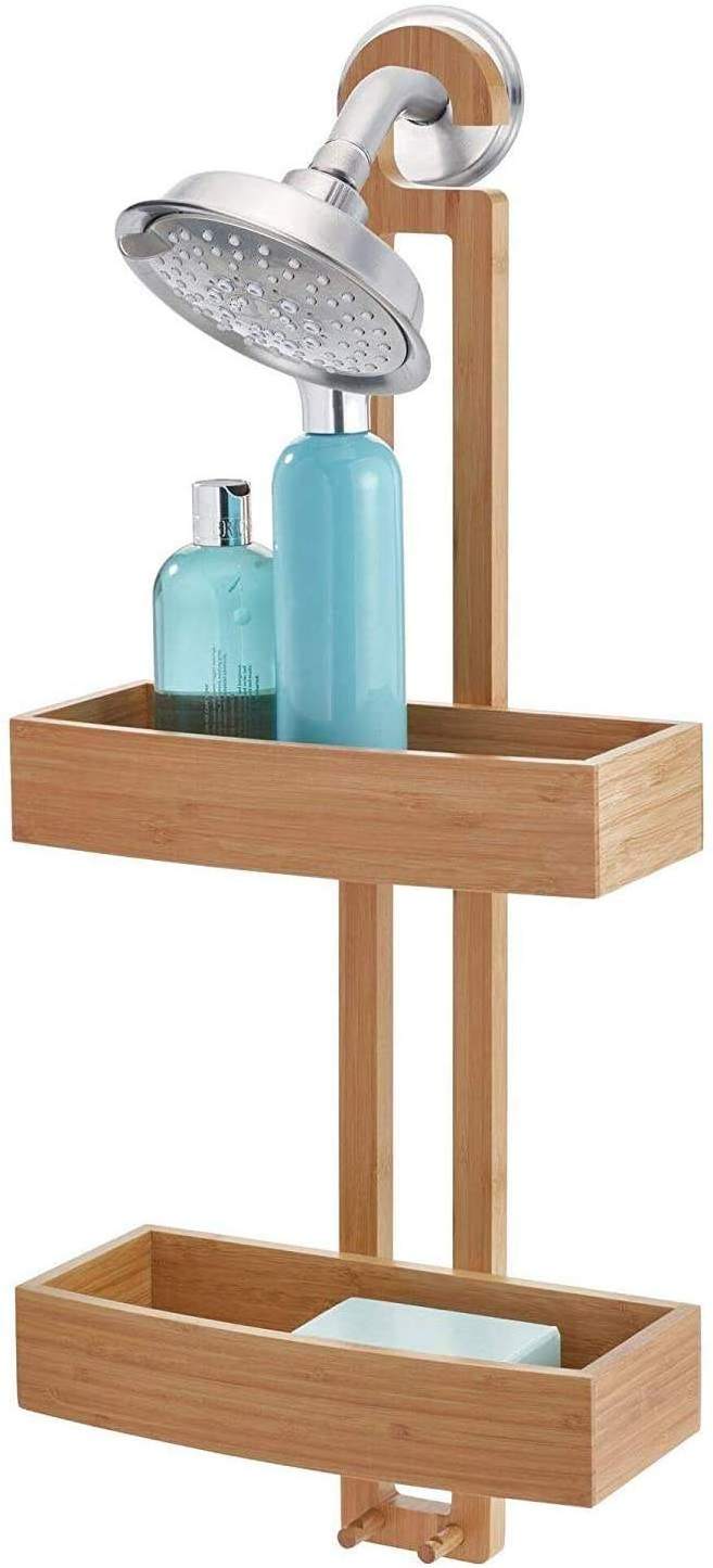 kitchen wall shower holder wall mounted storage organizer rack Bamboo Wood Shower Caddy Bathroom Corner Shelf