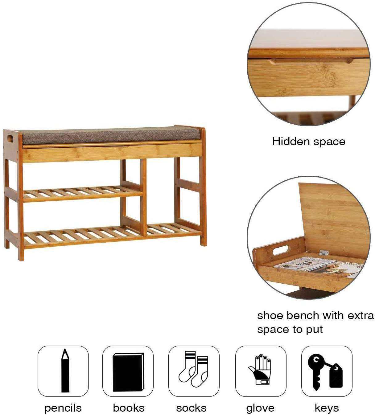 3 tire display Shoe Bench Storage Bedroom organizer shoeshelf Bamboo Shoe Rack with seat cushion