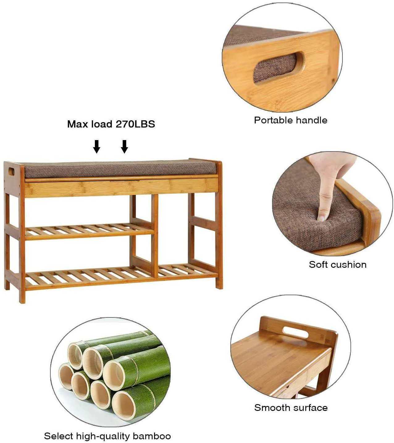 3 tire display Shoe Bench Storage Bedroom organizer shoeshelf Bamboo Shoe Rack with seat cushion