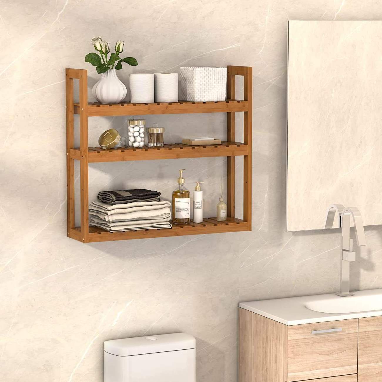 3 Tier Storage Rack Adjustable Layer Wall Mount Multifunctional Utility Bamboo Storage Supports and shelves for storage