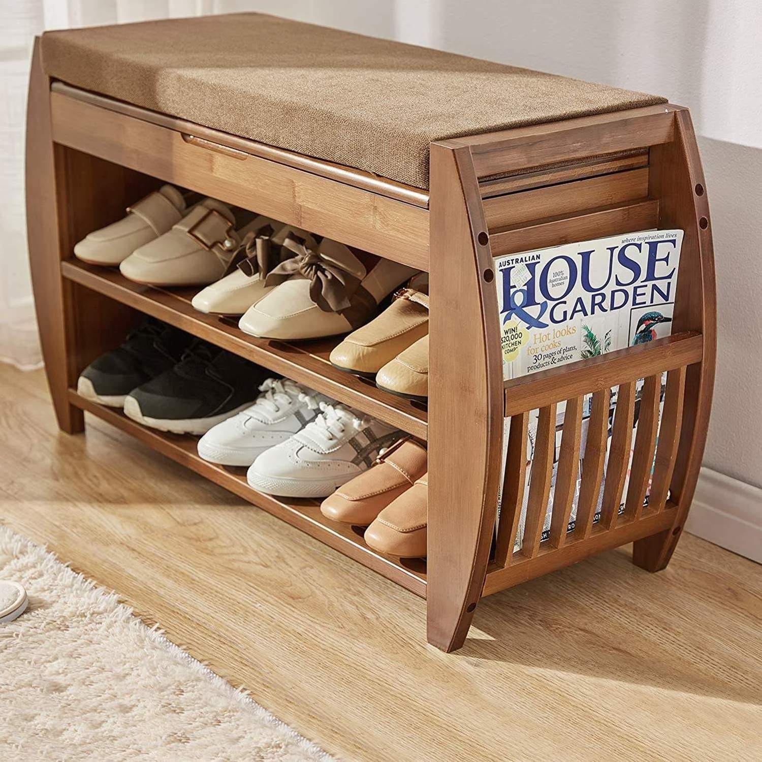 light luxury shoe cabinet wholesales 3 tire Bedroom organizer shoe shelf Bamboo Shoe Rack Bench with Hidden Storage Compartment