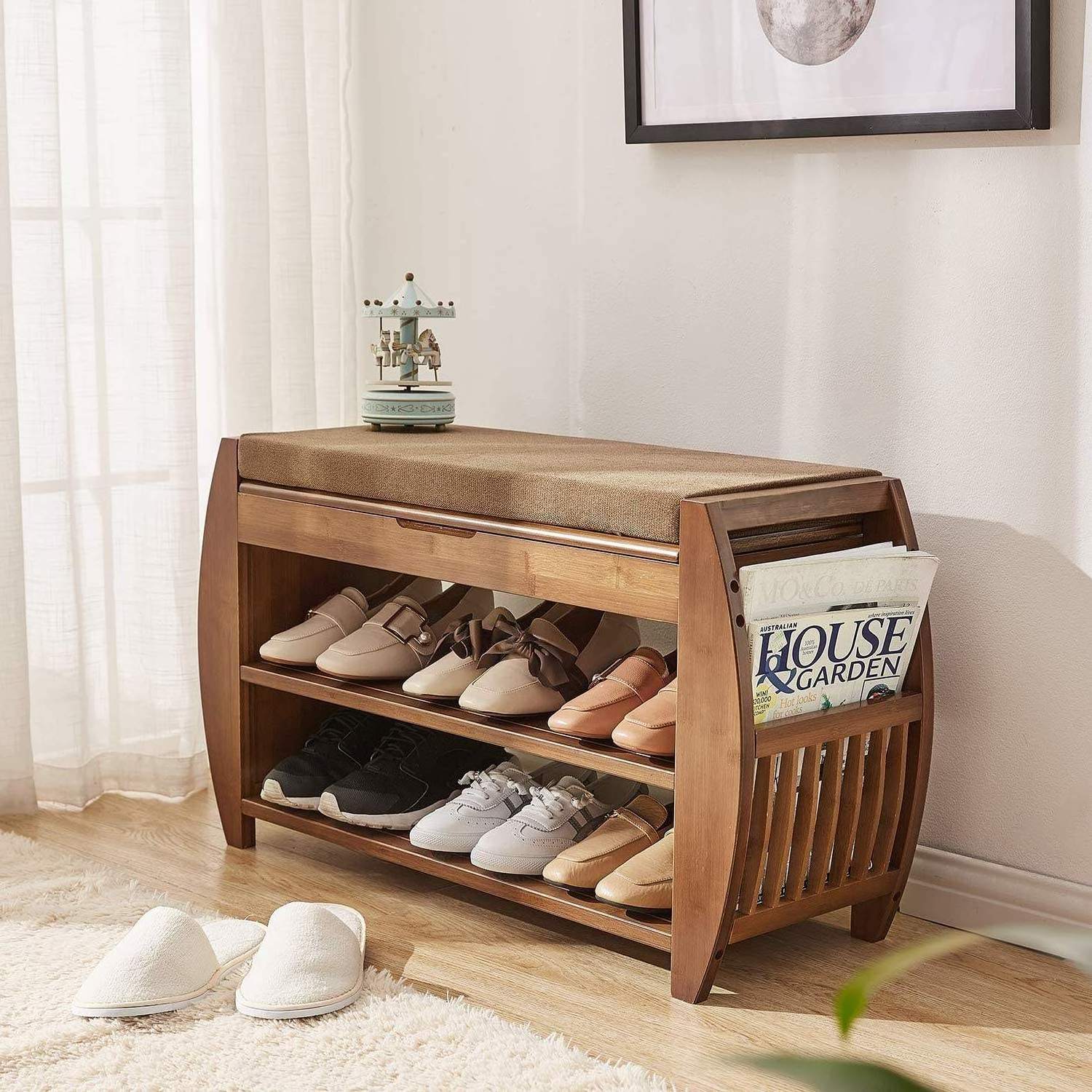 light luxury shoe cabinet wholesales 3 tire Bedroom organizer shoe shelf Bamboo Shoe Rack Bench with Hidden Storage Compartment