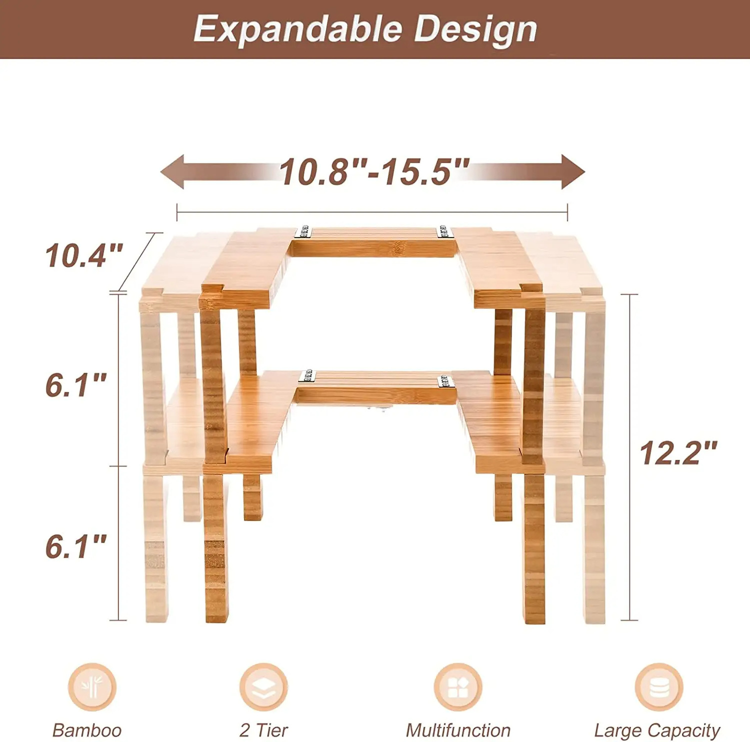 Wholesale 2 Tier Wood Spice Rack Stackable Kitchen Cabinet Organizer Shelf and Expandable Bamboo Spice Rack for Kitchen