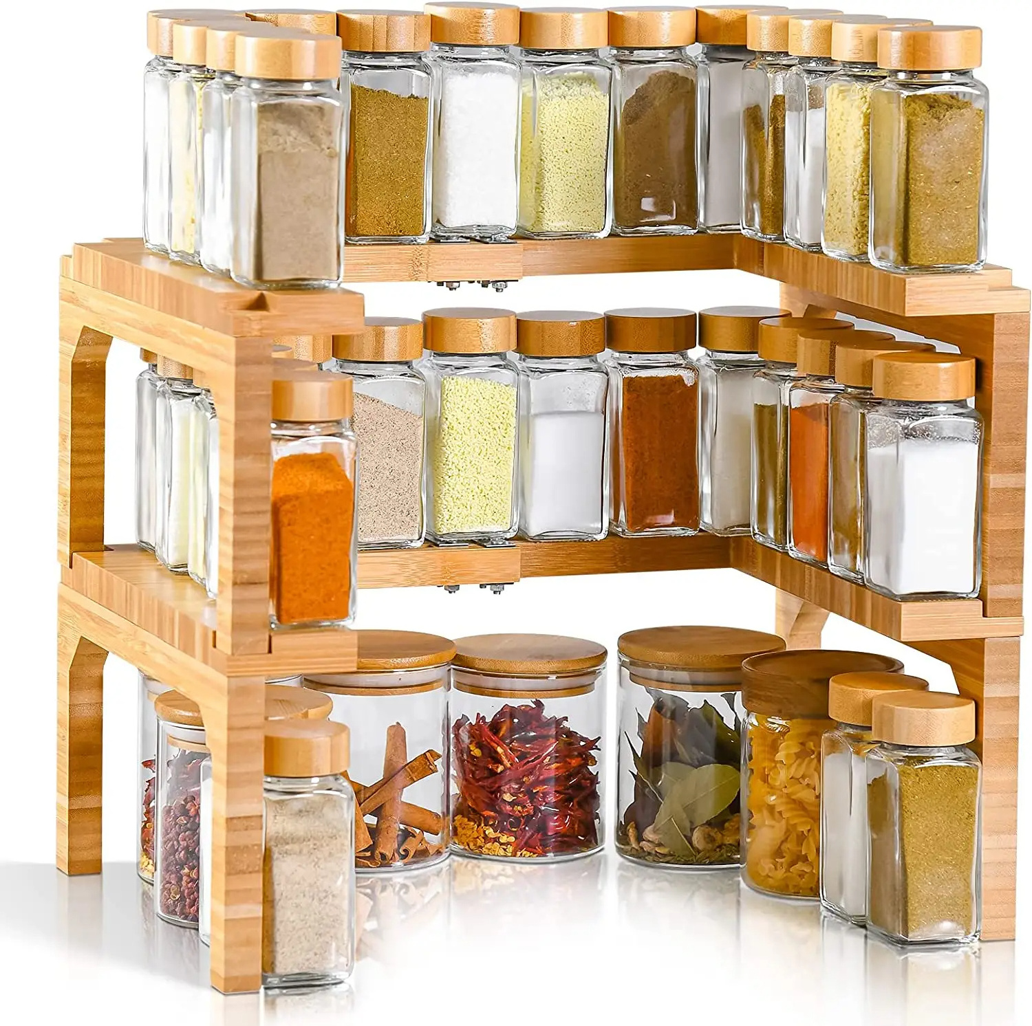 Wholesale 2 Tier Wood Spice Rack Stackable Kitchen Cabinet Organizer Shelf and Expandable Bamboo Spice Rack for Kitchen