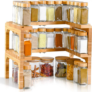 Wholesale 2 Tier Wood Spice Rack Stackable Kitchen Cabinet Organizer Shelf and Expandable Bamboo Spice Rack for Kitchen