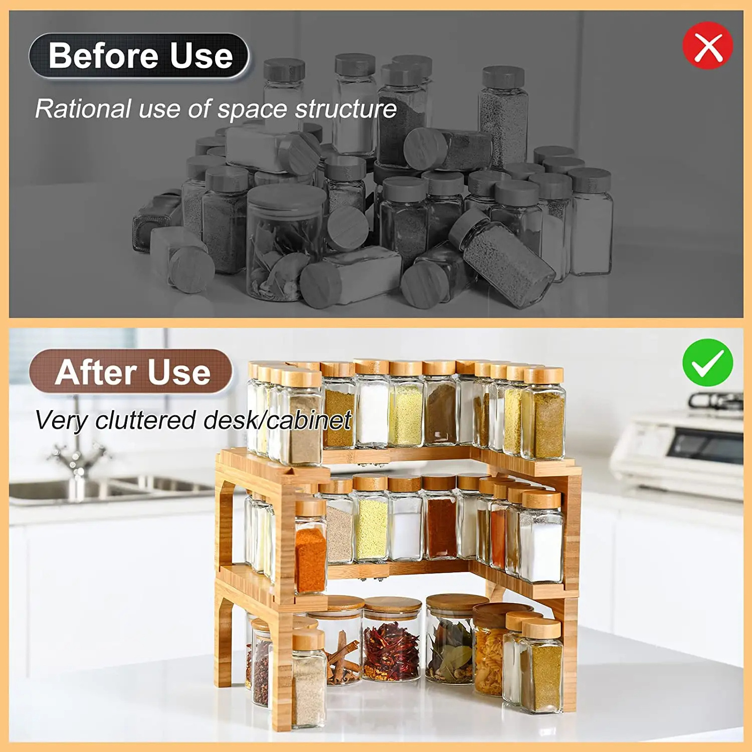 Wholesale 2 Tier Wood Spice Rack Stackable Kitchen Cabinet Organizer Shelf and Expandable Bamboo Spice Rack for Kitchen