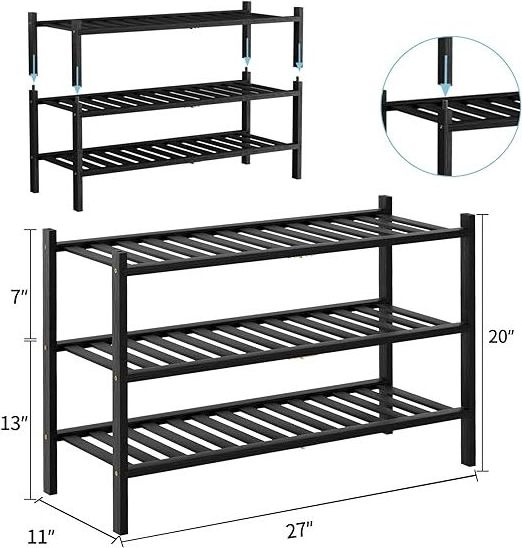 Free Standing 3 Tier Natural Bamboo Shoe Rack  Stackable Storage Shelf with Multi Function Combinations