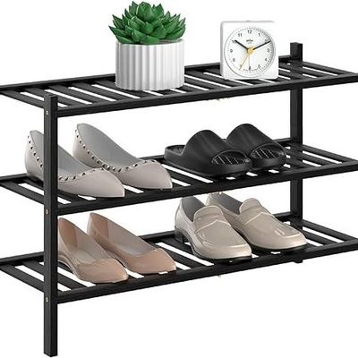 Free Standing 3 Tier Natural Bamboo Shoe Rack  Stackable Storage Shelf with Multi Function Combinations