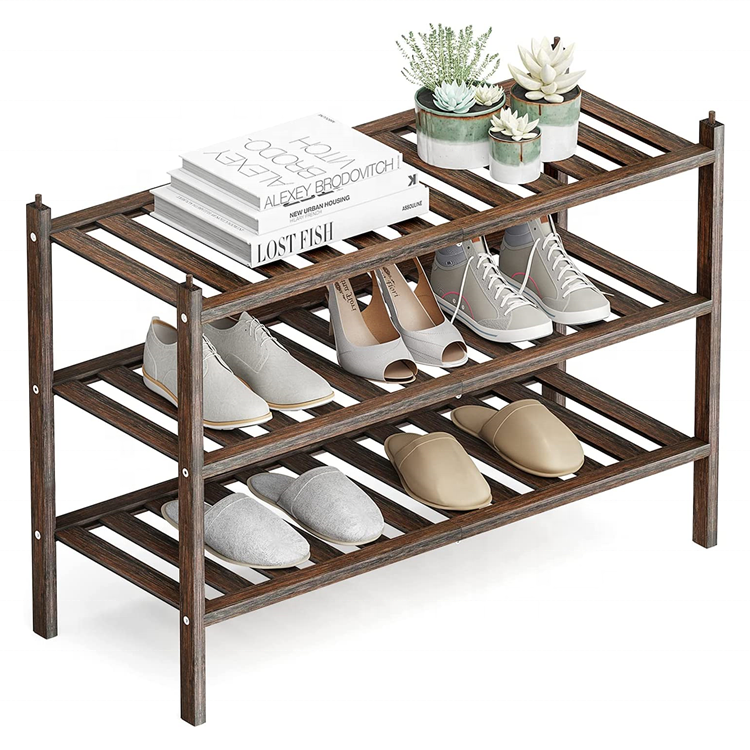 zapatero plegable Acacia space saving Bamboo Shoe shelf storage organizer 3 Tier Stackable wooden shoe racks & stands  For Entrr