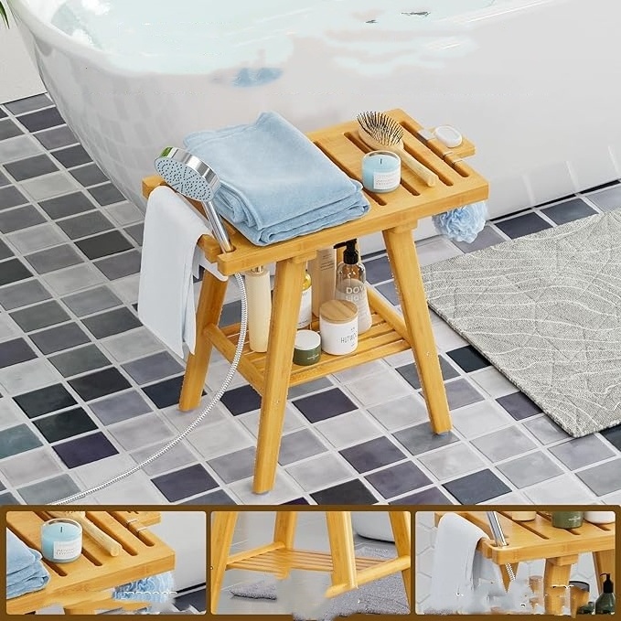 Customized Eco friendly natural Seat Bamboo Wood Shower Bench Spa Stool Foot Rest  Storage Shelf with Non-Slip Feet