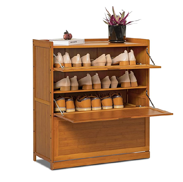 Bamboo 5 Tier Shoe Rack Storage Organizer Shelf Shelves High Heels Boots Shoe Cabinet with Pull Down Door