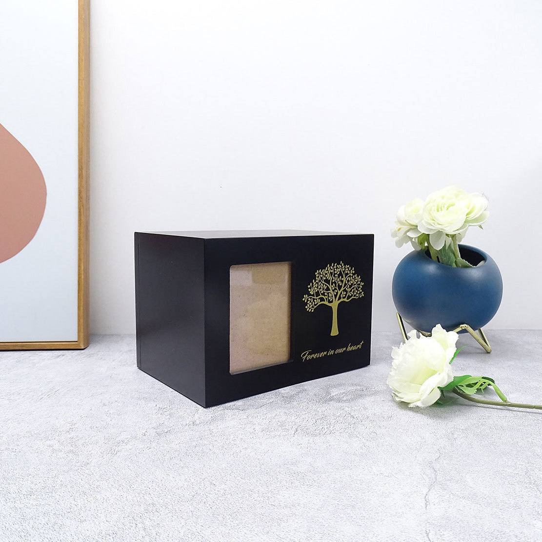 OEM ODM Wholesales Black Tree Life Urn Solid Wood Pet Memorial Urn with Photo Frame Dog Funeral Box