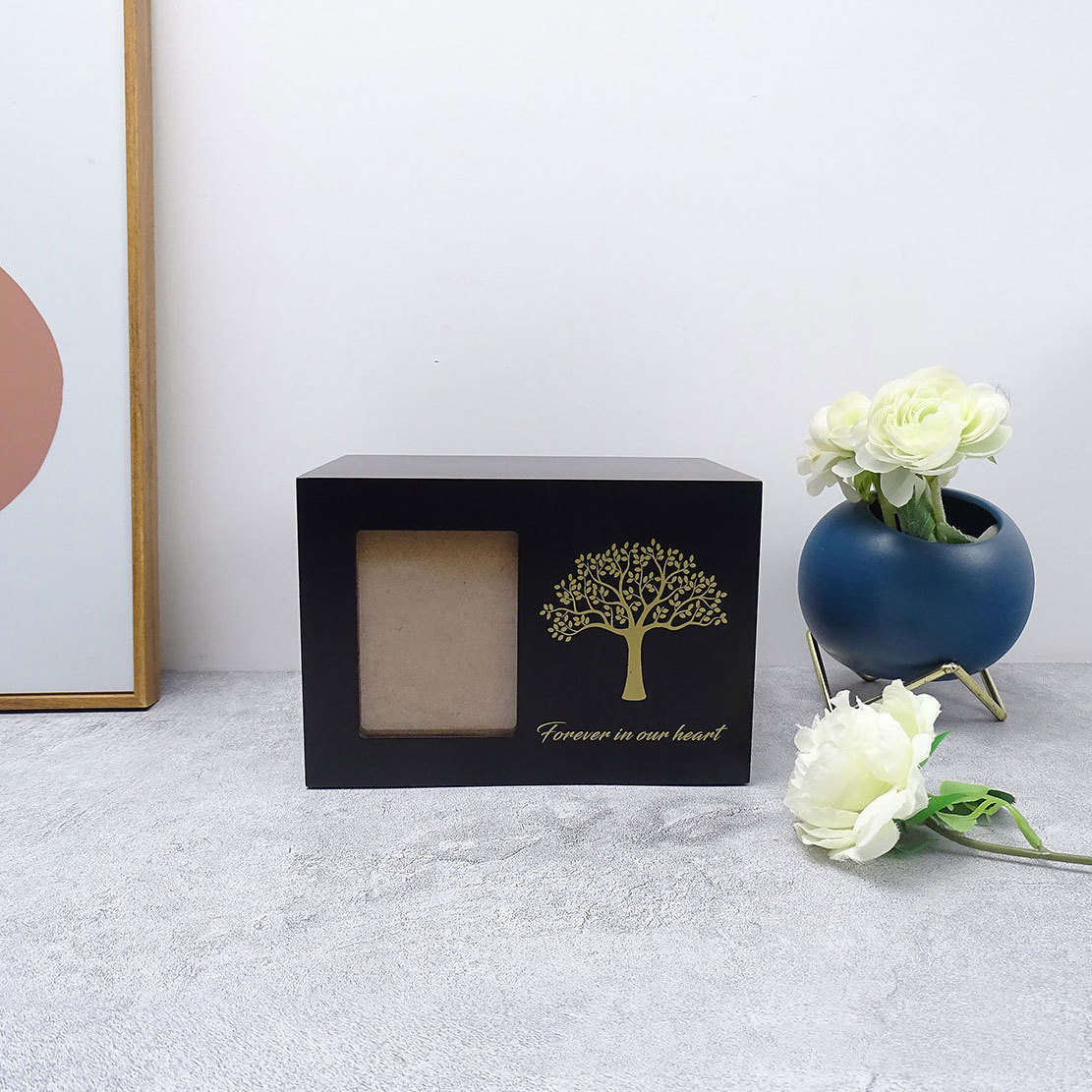 OEM ODM Wholesales Black Tree Life Urn Solid Wood Pet Memorial Urn with Photo Frame Dog Funeral Box