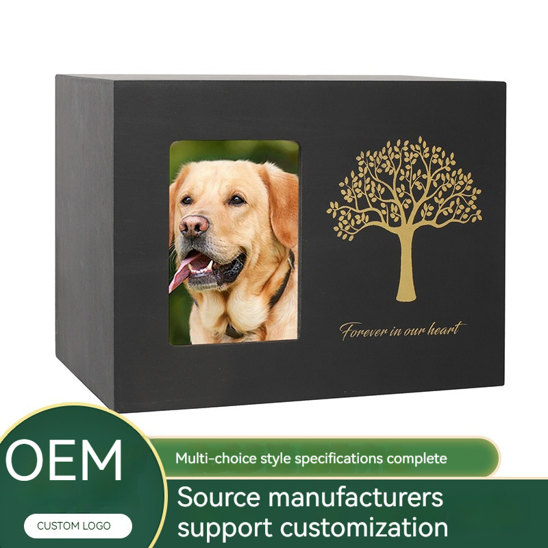 OEM ODM Wholesales Black Tree Life Urn Solid Wood Pet Memorial Urn with Photo Frame Dog Funeral Box