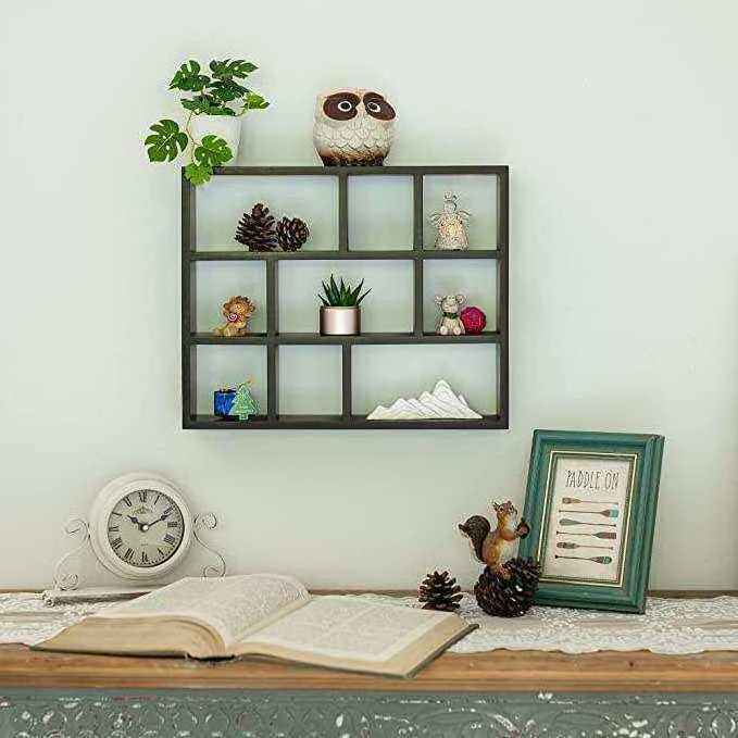 Wood Floating Shelves 9 Compartment Small Hanging Display Shelf Rustic Wall Mounted Freestanding Multi Slot Storage Shelving