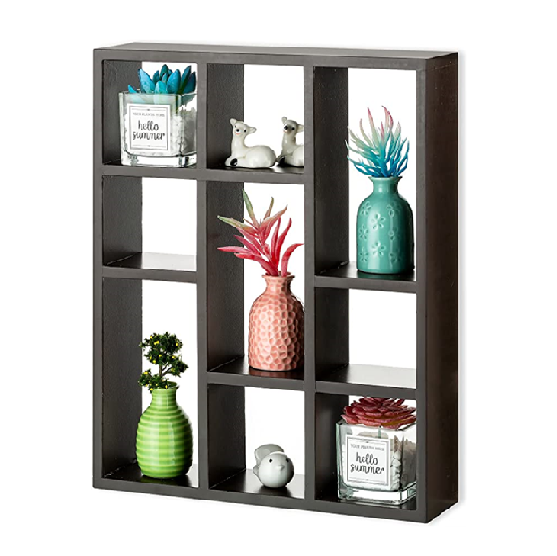 Wood Floating Shelves 9 Compartment Small Hanging Display Shelf Rustic Wall Mounted Freestanding Multi Slot Storage Shelving