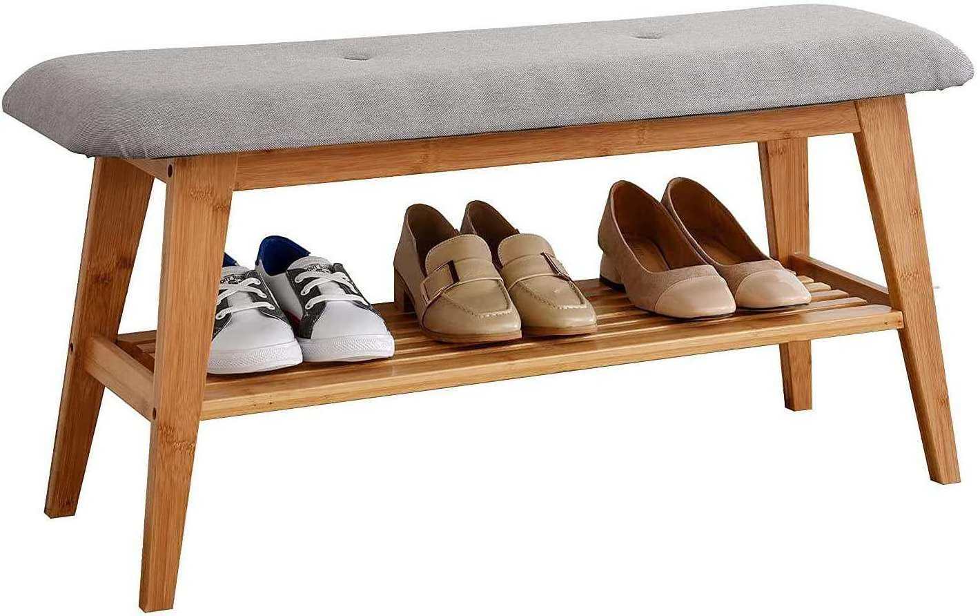 Solid Wood Bamboo Shoe Rack Entryway Bench Shoe Rack Bench with 2 tire Storage Organizer shoe bench with seat