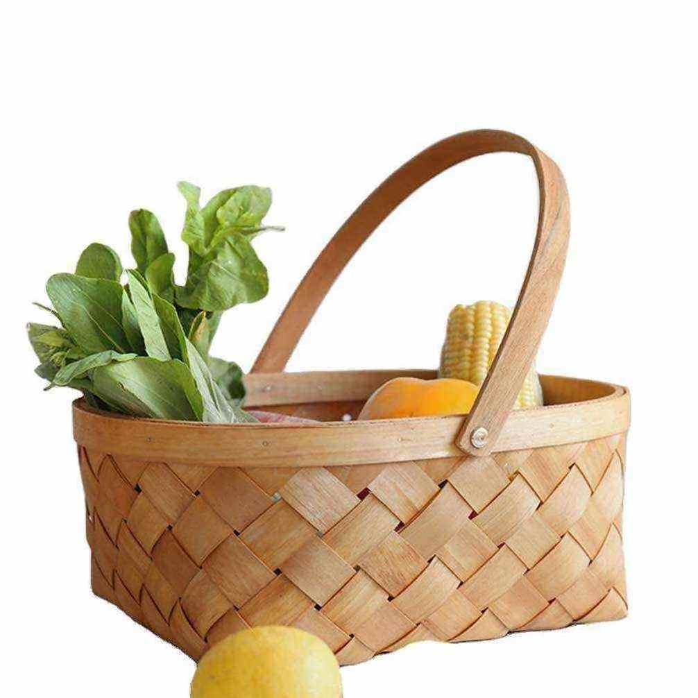 wooden decorative fruit bread flat woven fruits and vegetables basket Serving storage baskets weaving basket with handle