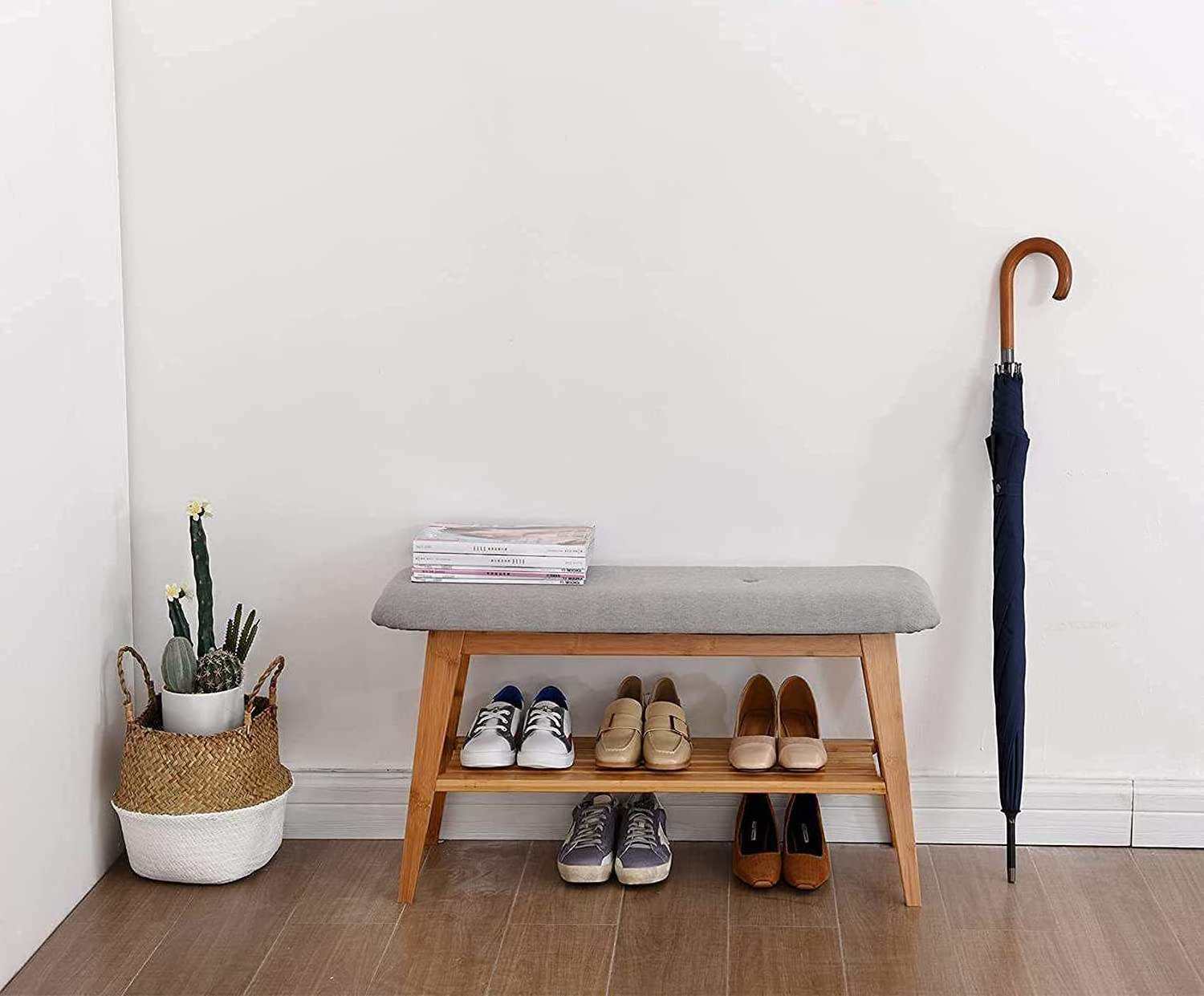 Solid Wood Bamboo Shoe Rack Entryway Bench Shoe Rack Bench with 2 tire Storage Organizer shoe bench with seat