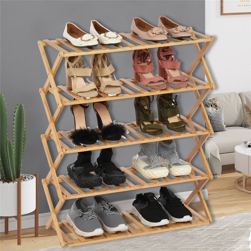 5 Tier  Entryway Shoe Shelf Storage Organizer Free Standing Folding Bamboo Shoe Rack