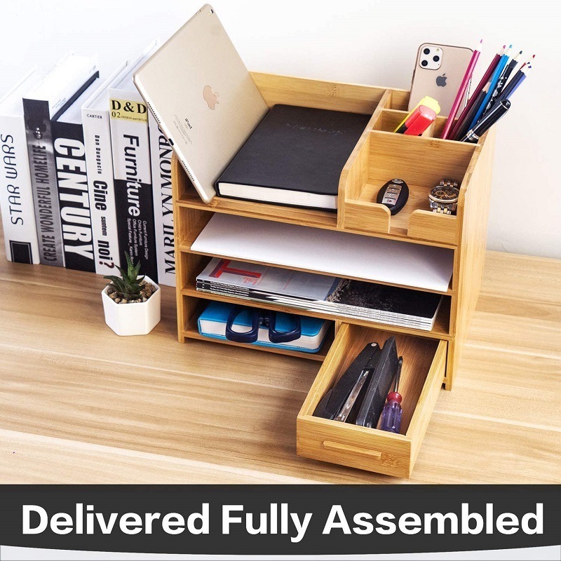 4 Tier Office Supplies Table Top Storage Bamboo Desk Drawer Organizer