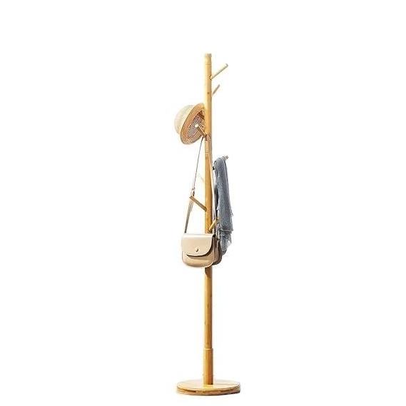 Multifunctional Coat Hanger Stand Entrance Floor Standing bamboo Wooden Coat Rack Tree with Solid Round Base