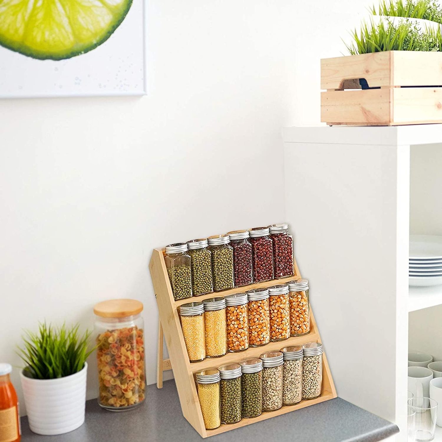 kitchen organizer storage spice shelf Wooden 3 Tier seasonings condiments holder wall mounted bamboo spice racks for cabinet