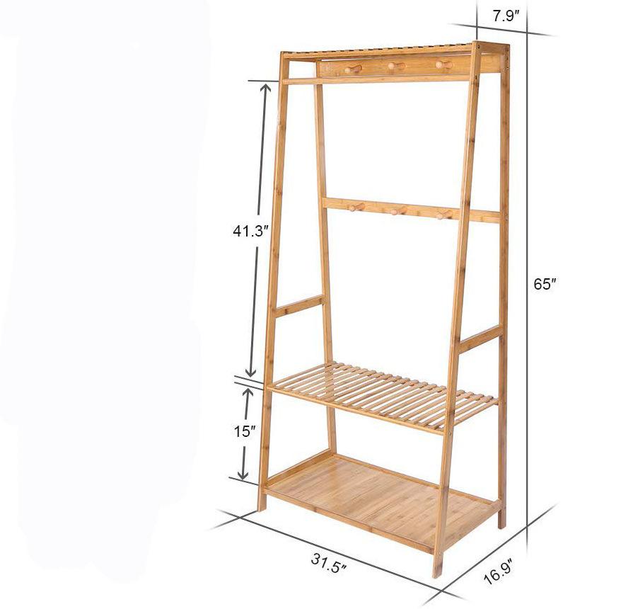 Garment Rack Bamboo Wood Entryway Clothes Drying Rack