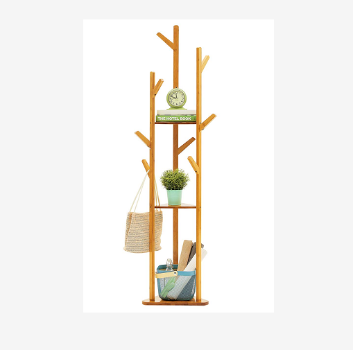 perchas de bikinisBamboo Tree Garment Clothes Coat Hat Umbrella Portable Hanger Stand Rack with 3-Tier Storage Shelves and Hooks