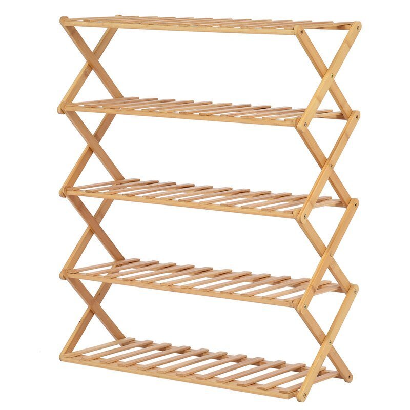 5 Tier  Entryway Shoe Shelf Storage Organizer Free Standing Folding Bamboo Shoe Rack