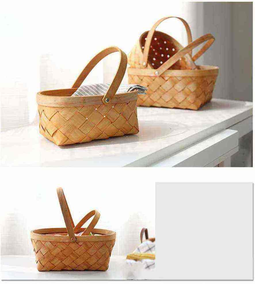 wooden decorative fruit bread flat woven fruits and vegetables basket Serving storage baskets weaving basket with handle