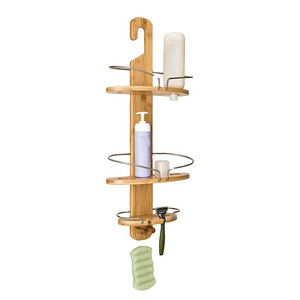 100% Natural Bamboo Shower Caddy.Hanging Wood Bamboo Shower Caddy With 3 Shelves And 2 Knobs For Hanging Items