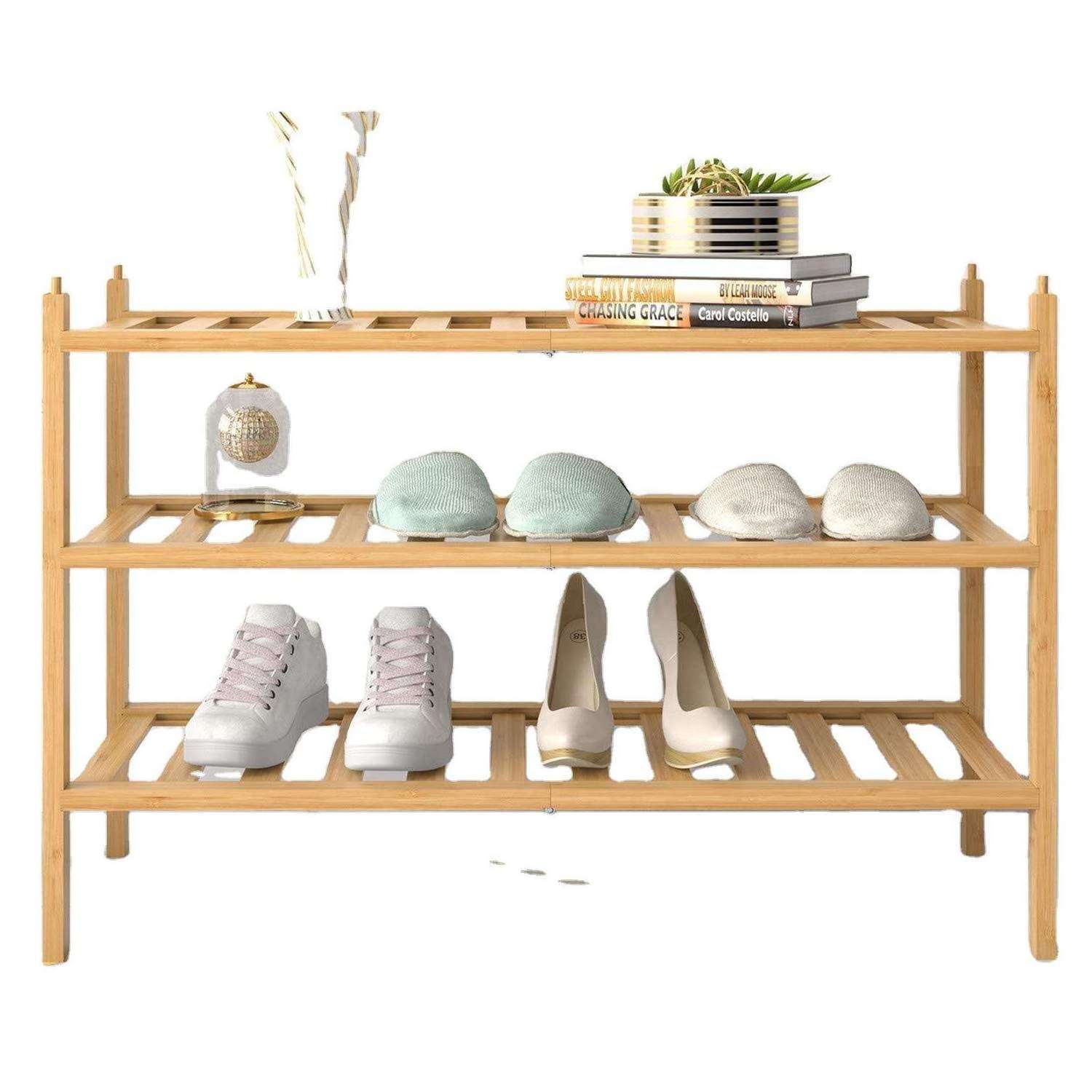 15 Years Manufacturer Wholesales Shoe Rack Storage Organizer 3 Tier Rack Bamboo Stackable Shoe Shelf for Entryway