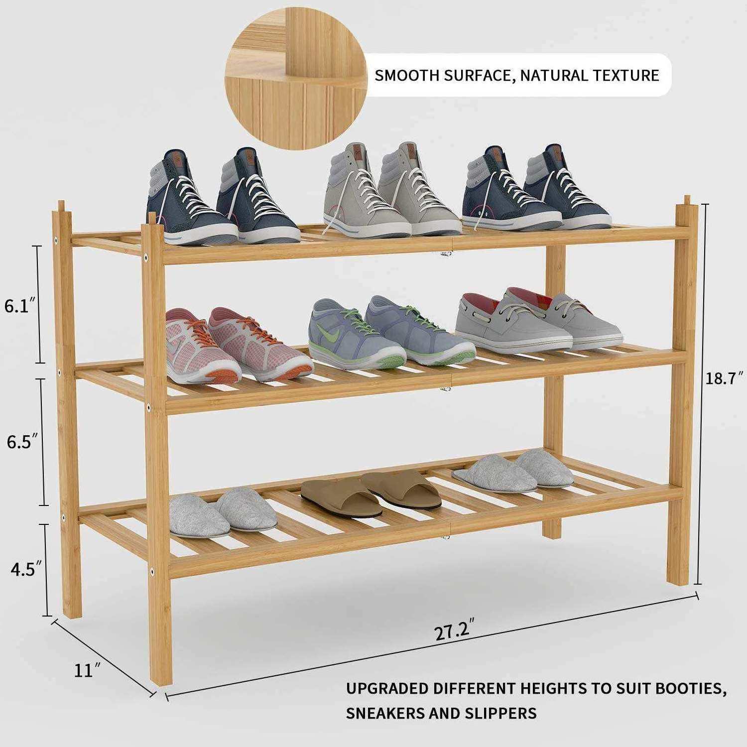 15 Years Manufacturer Wholesales Shoe Rack Storage Organizer 3 Tier Rack Bamboo Stackable Shoe Shelf for Entryway