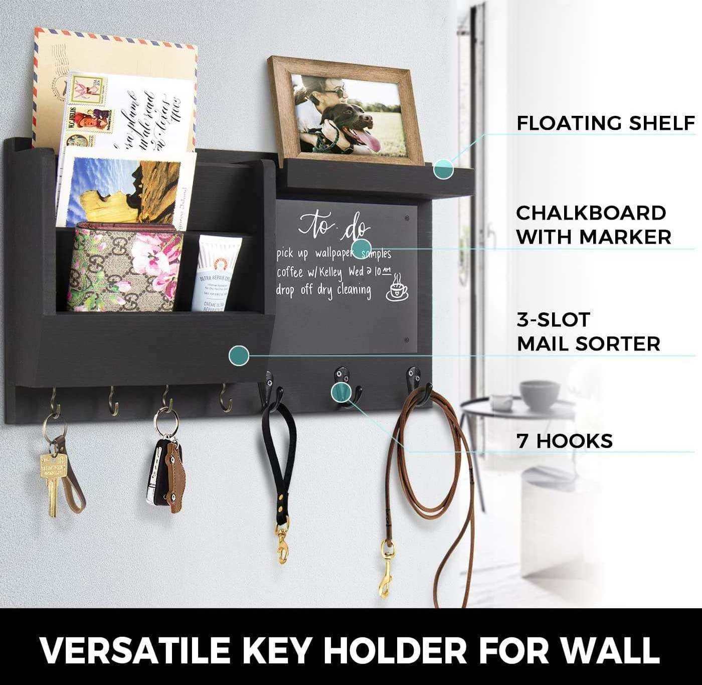 Black Wall Mount Floating Shelf Entryroom Mudroom 7 Hooks Mail Sorter key organizer Wood Key Holder with blackboard