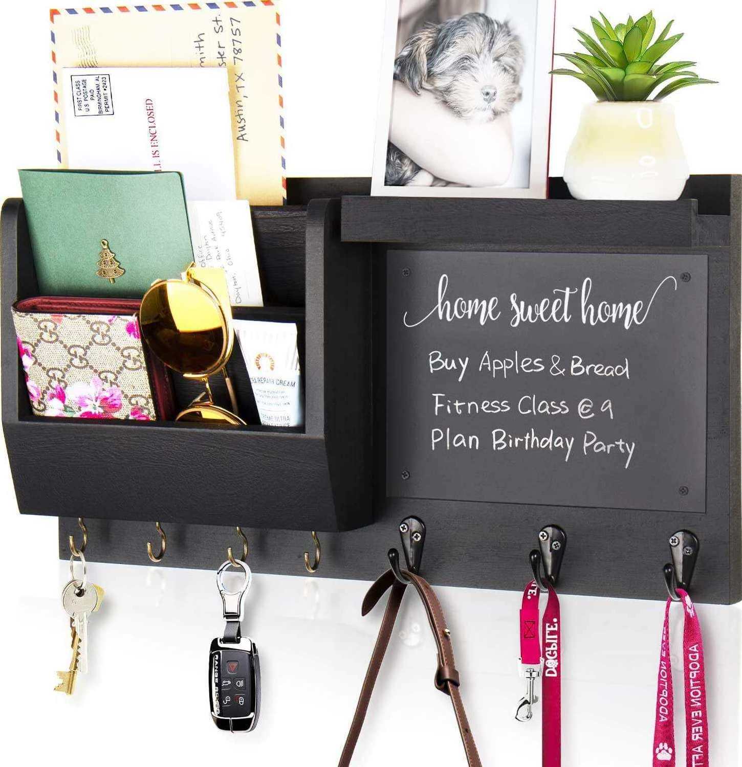 Black Wall Mount Floating Shelf Entryroom Mudroom 7 Hooks Mail Sorter key organizer Wood Key Holder with blackboard