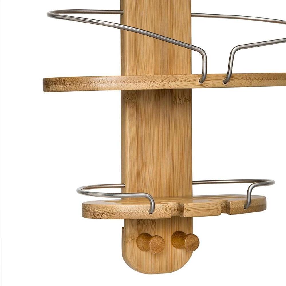 100% Natural Bamboo Shower Caddy.Hanging Wood Bamboo Shower Caddy With 3 Shelves And 2 Knobs For Hanging Items