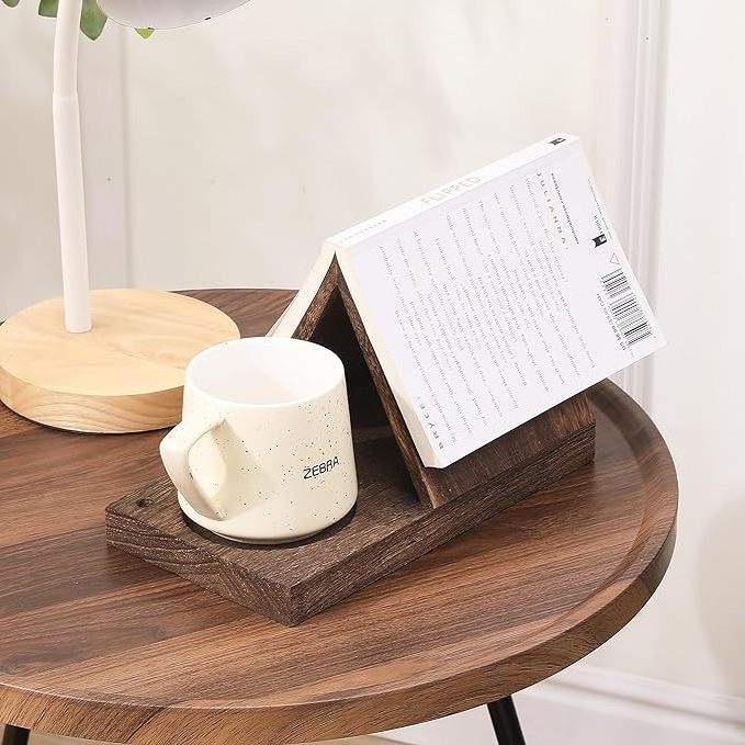 Eco friendly wholesale Night Stand Wooden Triangle Bookmark Book Holder with Drink Holder for bedroom