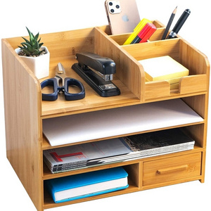 4 Tier Office Supplies Table Top Storage Bamboo Desk Drawer Organizer