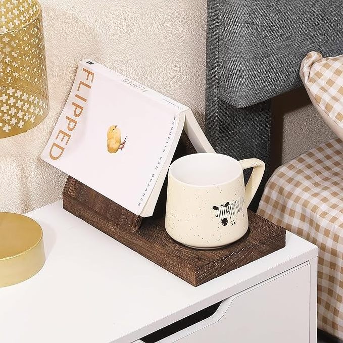 Eco friendly wholesale Night Stand Wooden Triangle Bookmark Book Holder with Drink Holder for bedroom