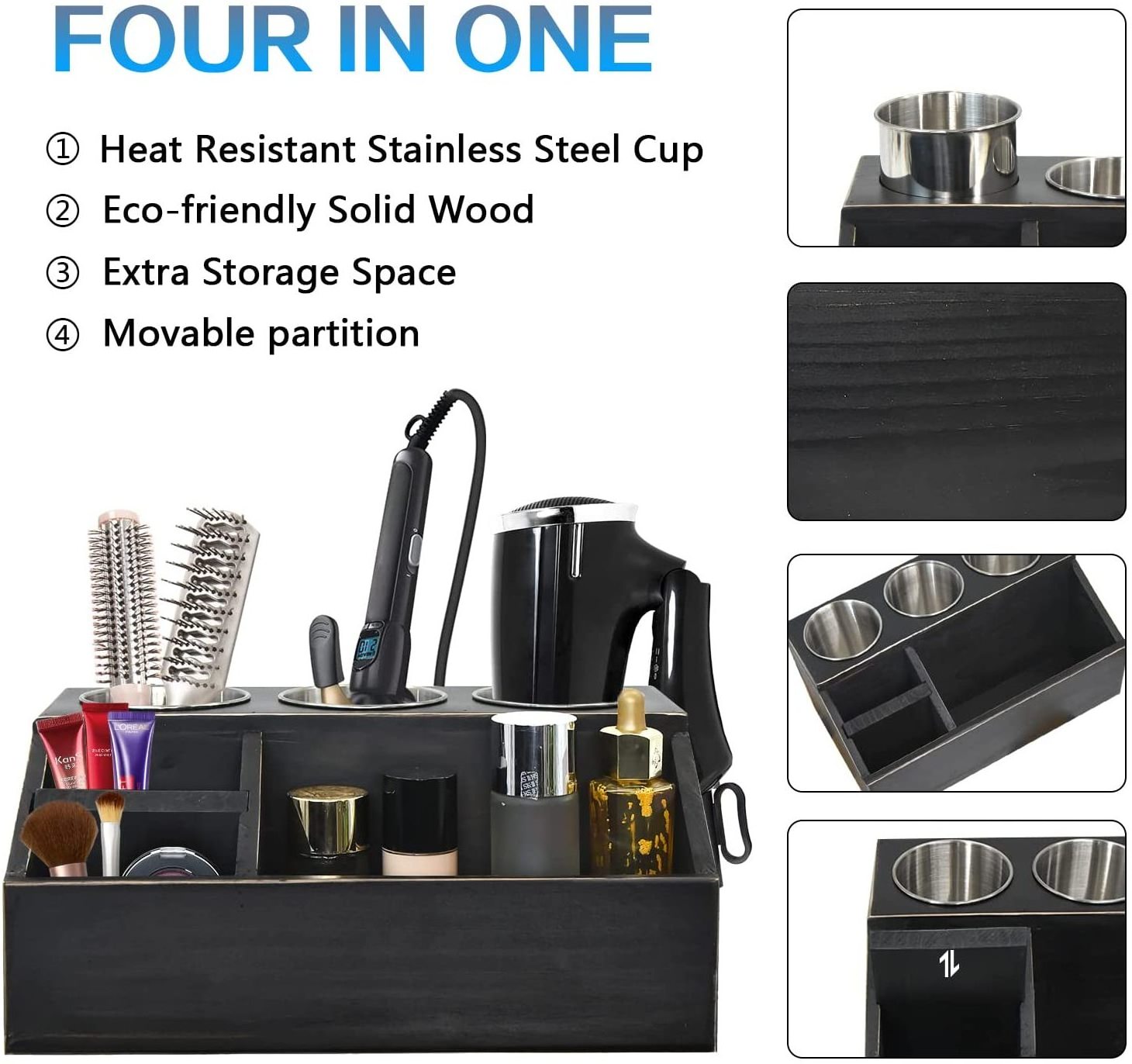 Rustic Wood Farmhouse Bathroom Hair Tool Organizer Hair Dryer Cabinet Holder Vanity Tray Makeup Organizer