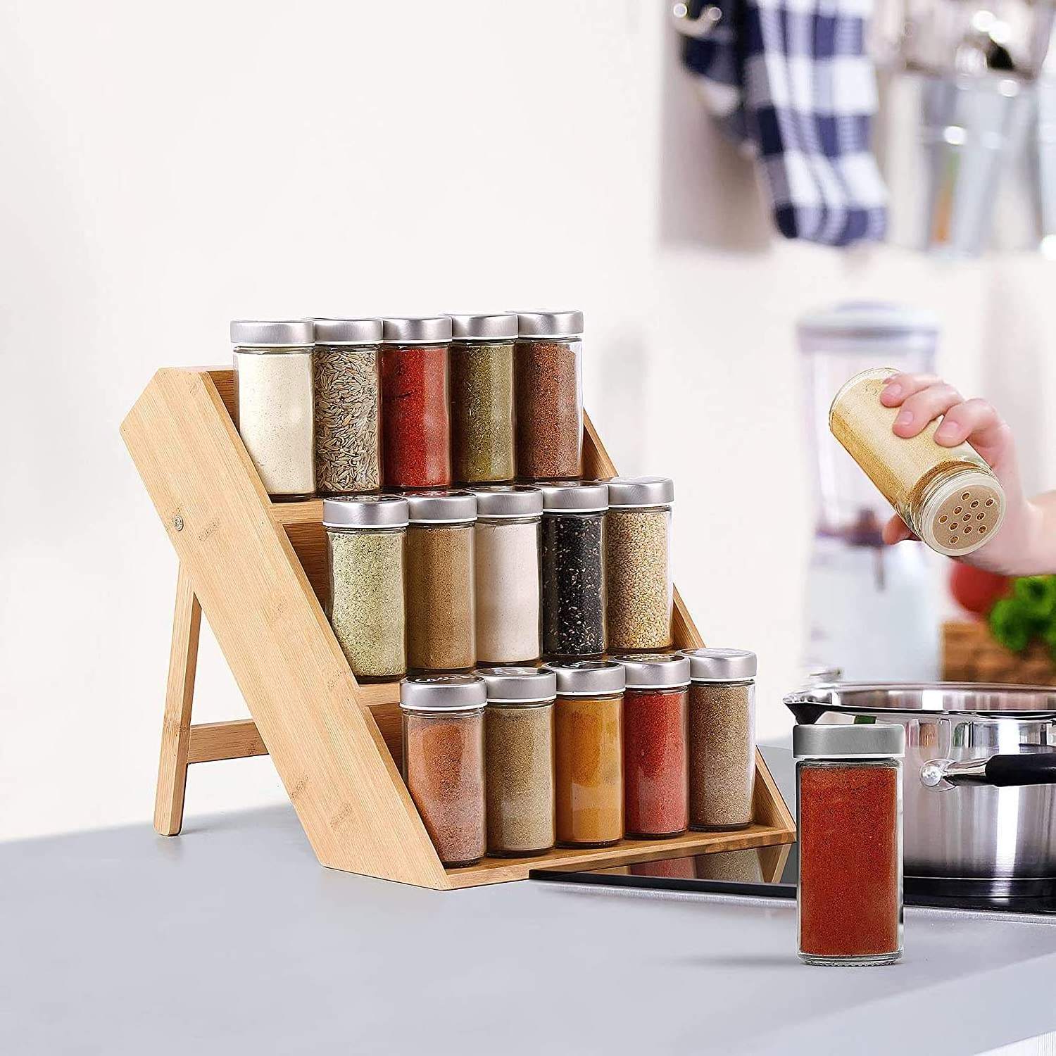 Kitchen Accessories Spice Holder Drawer Kitchen Organizer storage wall mount 3 Tiers condiments display shelf bamboo spice rack