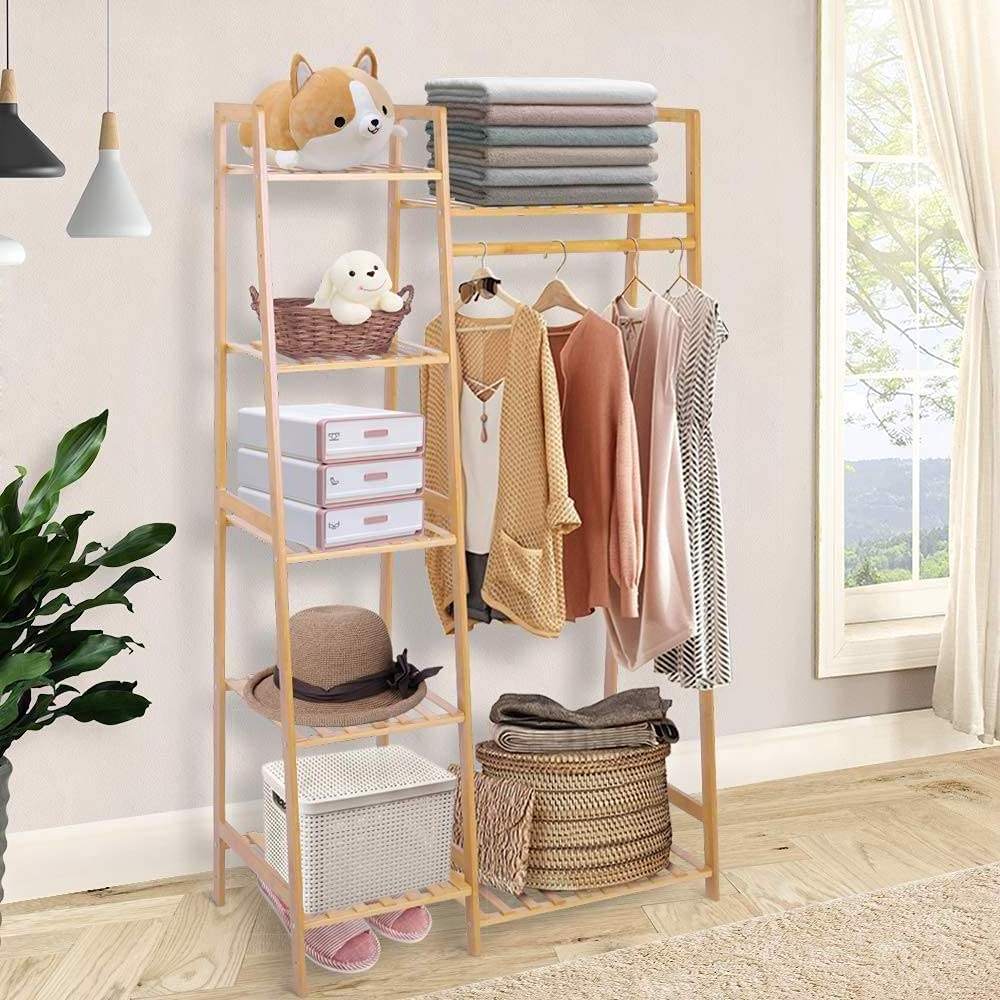 Bamboo Garment Rack 7-Tier Storage Shelves Clothes Hanging Rack Heavy Duty Clothing Rack Minimalism Wardrobe Closet Organizer