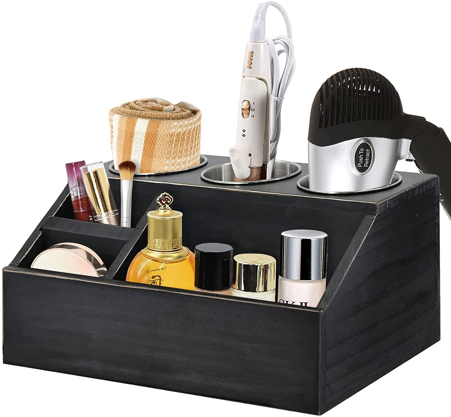 Rustic Wood Farmhouse Bathroom Hair Tool Organizer Hair Dryer Cabinet Holder Vanity Tray Makeup Organizer