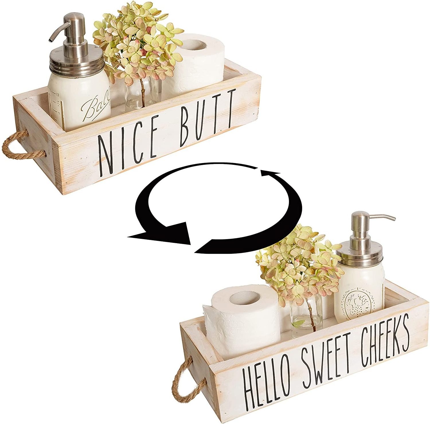 Bathroom Decor Box 2 Sides with Funny Sayings for Farmhouse Bathroom Decor Toilet Paper Storage Rustic Signs Wooden storage box