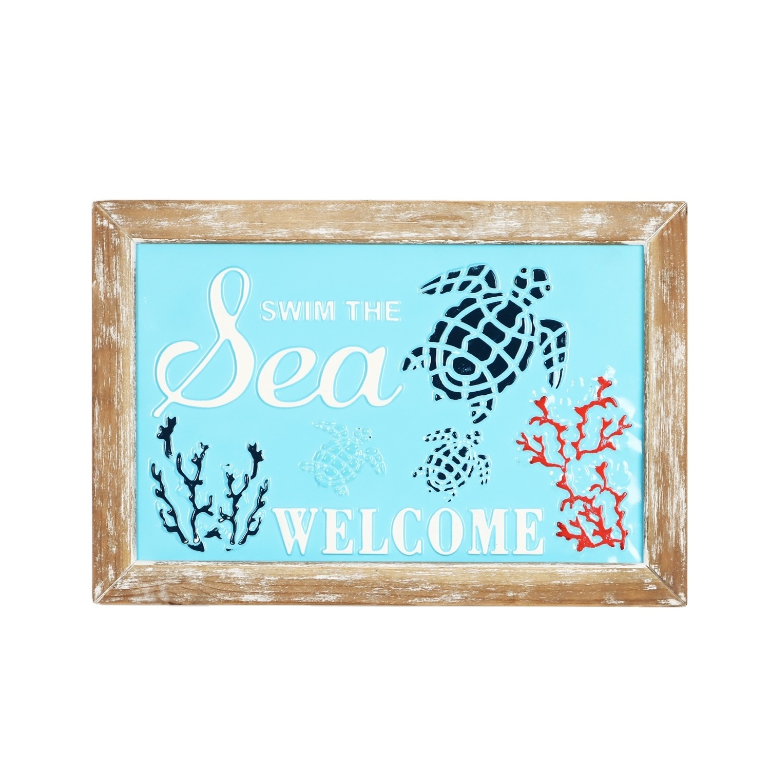 Ocean Style Rectangle Wooden Frame Wall Hanging Decorative Embossed Metal Wall Recreational Beach Coastal Home Decor