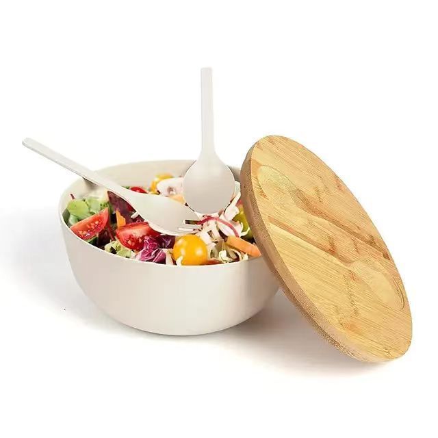 Hot Selling Salad Serving Bowl With Bamboo Lid  Plastic Melamine Fruit Large Bowl With Spoon Fork Cutting Board